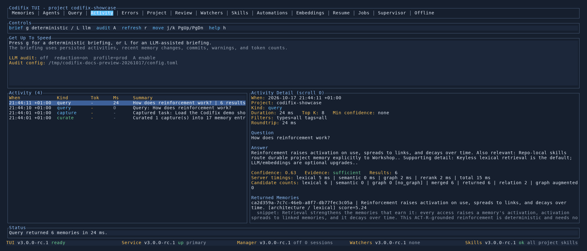 Persisted activity and briefing controls in the TUI